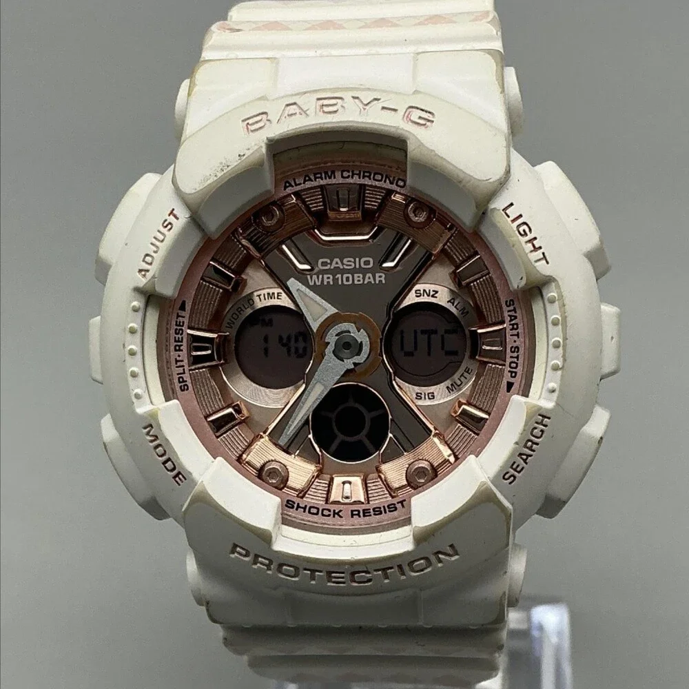 Casio Baby-G 5607 BA-130SP Womens Watch 40mm Rose Gold Dial White New Battery
